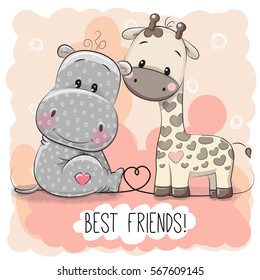 Cute Cartoon Hippo and Giraffe on a pink background