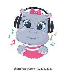 Cute cartoon hippo girl with headphones listen to music