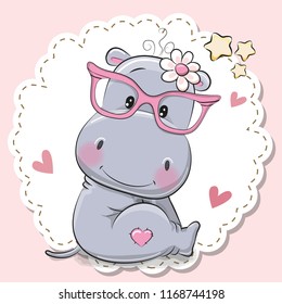 Cute cartoon Hippo girl in pink eyeglasses