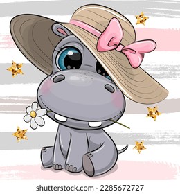 Cute Cartoon Hippo with hat on a striped background