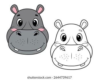 Cute cartoon hippo head illustration, with one colored gray version and one black and white outline. Ideal for animal themes or coloring pages.