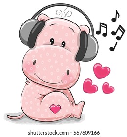 Cute cartoon Hippo with headphones on a white background