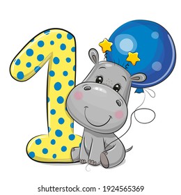 Cute Cartoon Hippo and number one isolated on a white background