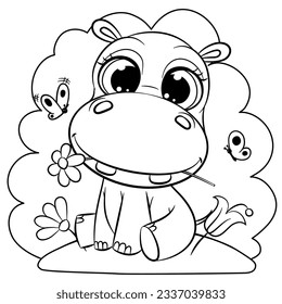 Cute Cartoon Hippo on the meadow outlined for coloring book isolated on a white background