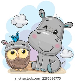 Cute Cartoon Hippo and owl on the meadow