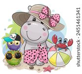 Cute Cartoon Hippo, owls and crab on the beach