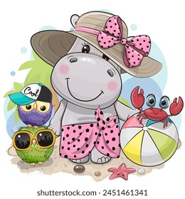 Cute Cartoon Hippo, owls and crab on the beach