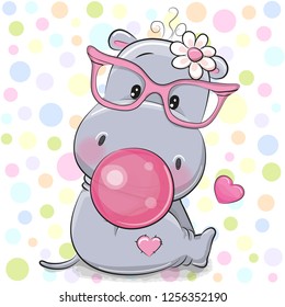 Cute Cartoon hippo in a pink glasses with bubble gum