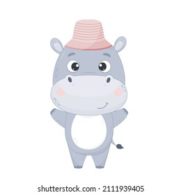 Cute cartoon hippo in a pink hat. Hippo on a white background. Vector illustration for design and print.