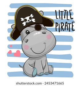 Cute cartoon Hippo in a pirate hat on a striped