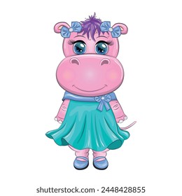 Cute Cartoon Hippo Princess in green dress