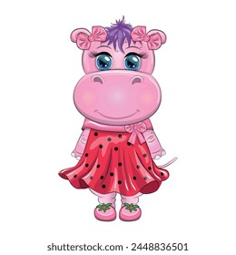 Lindo dibujo animado Hippo Princesa en vestido rojo mariquita