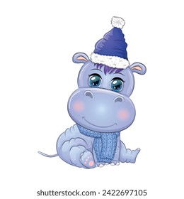 Cute cartoon hippo in Santa hat with gift, Christmas ball and candy cane. New Year and Christmas holiday.