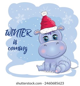Cute cartoon hippo in Santa hat with gift, Christmas ball and candy cane. New Year and Christmas holiday