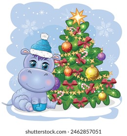 Cute cartoon hippo in Santa hat with gift, Christmas ball and candy cane. New Year and Christmas holiday