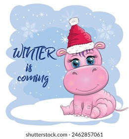 Cute cartoon hippo in Santa hat with gift, Christmas ball and candy cane. New Year and Christmas holiday