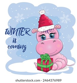 Cute cartoon hippo in Santa hat with gift, Christmas ball and candy cane. New Year and Christmas holiday