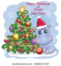 Cute cartoon hippo in Santa hat with gift, Christmas ball and candy cane. New Year and Christmas holiday