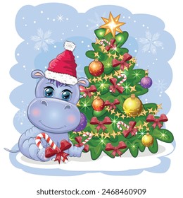 Cute cartoon hippo in Santa hat with gift, Christmas ball and candy cane. New Year and Christmas holiday