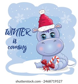 Cute cartoon hippo in Santa hat with gift, Christmas ball and candy cane. New Year and Christmas holiday