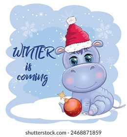 Cute cartoon hippo in Santa hat with gift, Christmas ball and candy cane. New Year and Christmas holiday