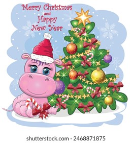 Cute cartoon hippo in Santa hat with gift, Christmas ball and candy cane. New Year and Christmas holiday