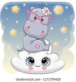 Cute Cartoon Hippo is sitting a on the Cloud