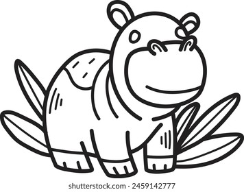 A cute cartoon hippo is sitting on some leaves. The hippo has a big smile on its face