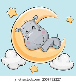 Cute Cartoon Hippo is sleeping on the moon