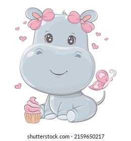 Cute cartoon hippo smiling with a feather. Cute little illustration of hippopotamus for kids, baby book, fairy tales, baby shower, textile t-shirt, sticker. Vector illustration of a cute animal.
