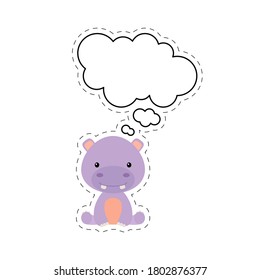 Cute cartoon hippo with speech bubble sticker. Kawaii character on white background. Cartoon sitting animal postcard clipart for birthday, baby shower, party event. Vector stock illustration.