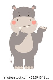 Un pequeño hipopótamo de caricatura, de pie, haciendo una pregunta. Ilustración vectorial.