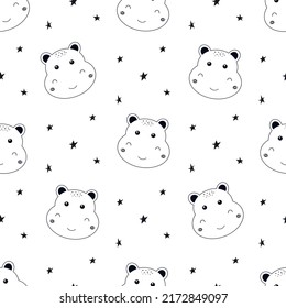 Cute cartoon hippo and stars seamless pattern. Baby funny print animals. Vector illustration hippo portrait black and white background. Nursery design for fabric, packaging, scrapbooking. Happy hippo.