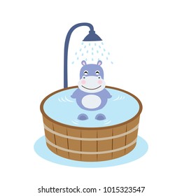 Cute cartoon hippo taking a bath in wooden tub.