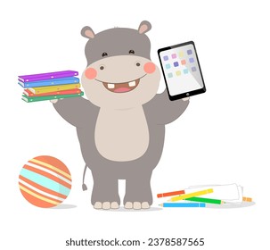 Cute cartoon hippo with technology and toys. Pencils, a ball, books and a tablet. Vector illustration.