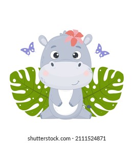 Cute cartoon hippo with tropical leaves. Little hippo isolated on white background. Vector illustration