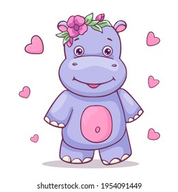 Cute cartoon hippo. Vector illustration baby hippopotamus with flowers and hearts.