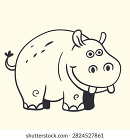 Cute cartoon hippo vector illustration, funny smiling hippopotamus character line art for kids coloring page, nursery design, print or educational book.
