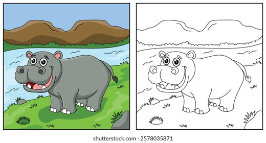 cute cartoon hippopotamus, funny illustration, coloring book for kids and children.