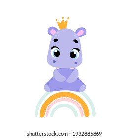 Cute cartoon hippopotamus. Print for baby posters, cards, stickers, clothes. Vector cartoon illustration.