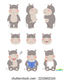 Cute Cartoon Hippopotamus Vectors. Includes A Hippo Reading, Hippo Singing And Hippo Drawing With Crayons.