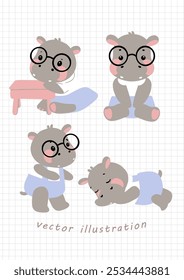 Hipopótamos bonitos de desenhos animados com óculos em várias poses, desde estudar até dormir. Perfeito para materiais educativos infantis, arte infantil e desenhos divertidos.