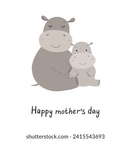 Cute cartoon hippos hugging. Hand drawn children's poster. Animals mother and baby. Vector illustration in flat style