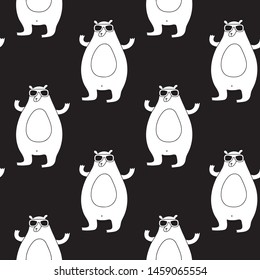 Cute cartoon hipster bear pattern with bear in sunglasses. Funny vector black and white hipster bear pattern. Seamless monochrome hipster bear pattern for textile, wallpapers, wrap, cards and web.