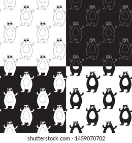 Cute cartoon hipster bear pattern set with bear in sunglasses. Funny vector black and white hipster bear pattern set. Seamless monochrome hipster bear pattern set for textile, wallpapers and web.