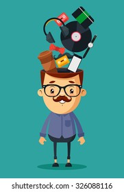 Cute Cartoon Hipster. Different Objects in His Head: Phone, Cup of Coffee, Tapes, Headphones, Record, Bow Tie, Mustache, Clocks and Notebook. Vector Illustration