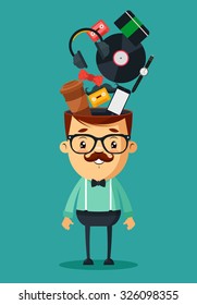 Cute Cartoon Hipster. Different Objects in His Head: Phone, Notebook, Cup of Coffee, Headphones, Record, Bow Tie, Mustache, Clocks and Tapes. Vector Illustration