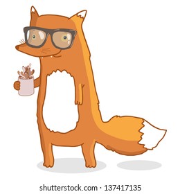 Cute cartoon hipster fox with coffee or tea. Doodle fox in hipster glasses.