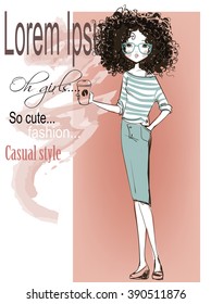 cute cartoon hipster girl