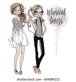 cute cartoon hipster girls